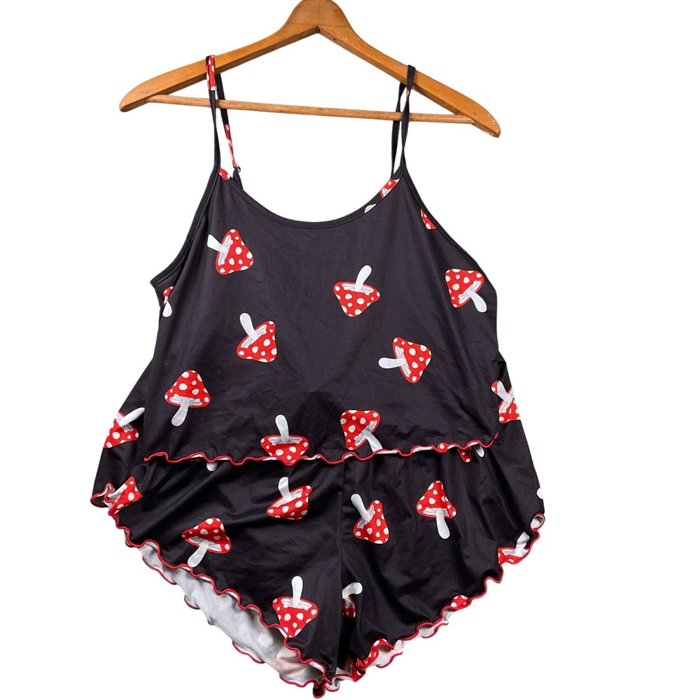 Unbranded Mushroom Pajama Set Women XL Black Red Lettuce Trim Cami Shorts